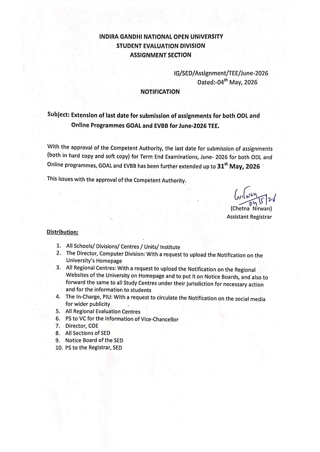 IGNOU ASSIGNMENT SUBMISSION last date has been further extended 