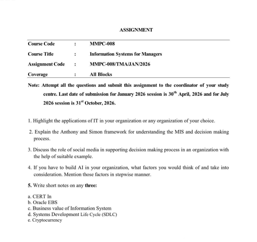 MMPC-008 INFORMATION SYSTEMS FOR MANAGERS IGNOU study material